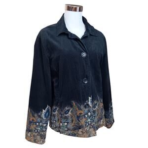 CHICO'S 2 Artsy Corduroy Jacket L Black Lined Pockets Painted Plants Leaves